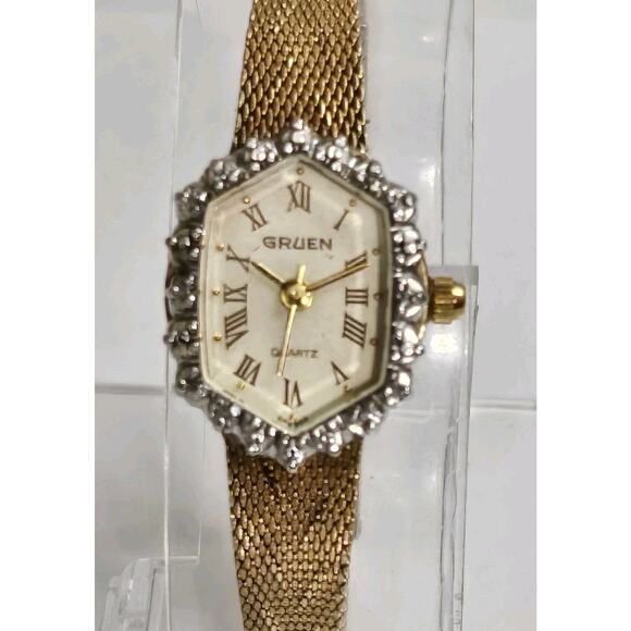 Gorgeous Ladies Gruen Quartz Watch Decorative Band Gemmed Dial New Battery - Picture 1 of 10